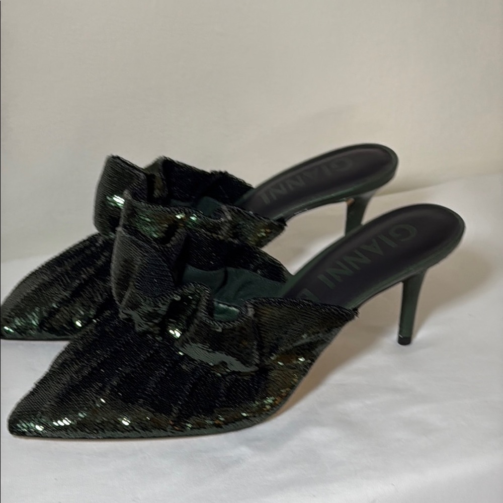 Gianni Bini Dark Green Ruffle and Sequin Kitten Heels - Picture 8 of 13